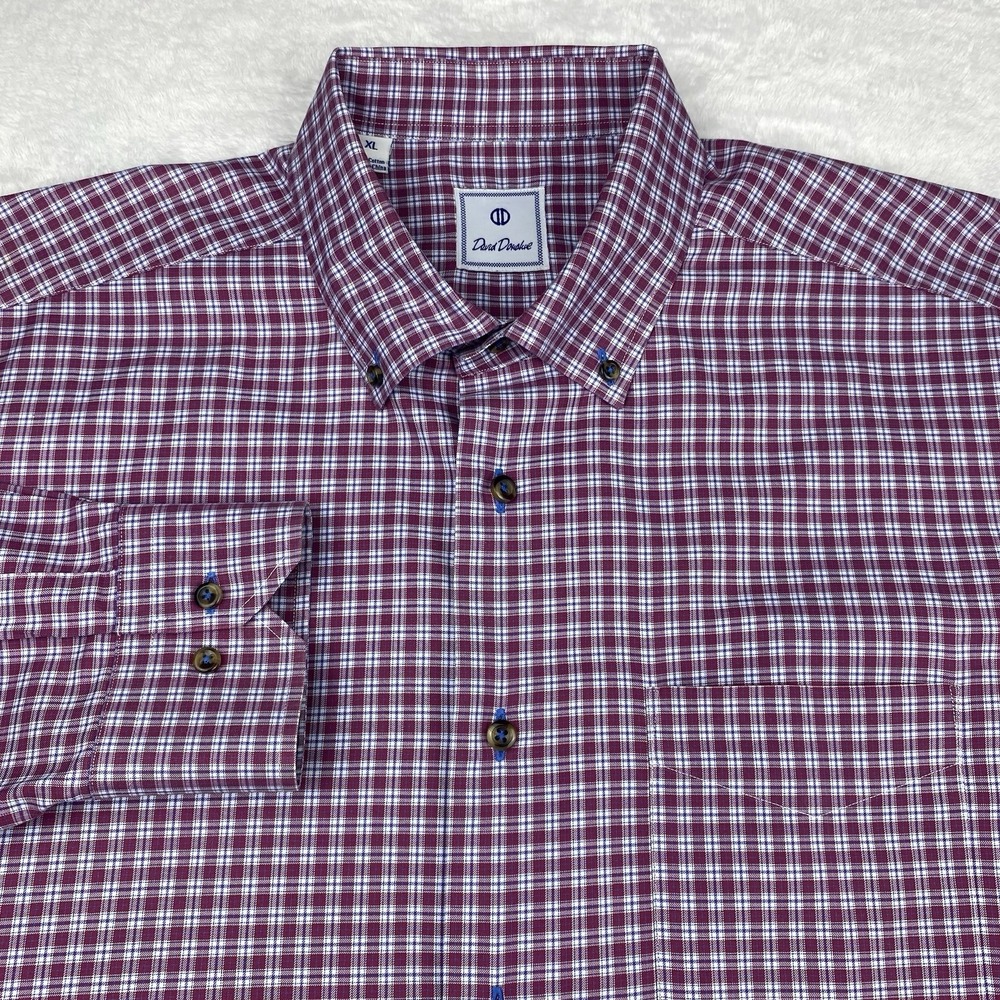 David Donahue Dress Shirt Mens XL Burgundy Plaid Regular‎ Fit No Iron